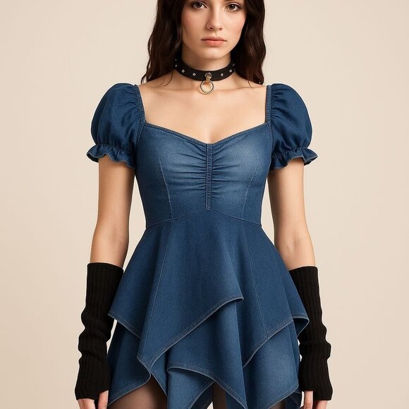 “Chasin Rainbows” Denim Mini Dress–Puff Sleeves Ruched Bodice & Handkerchief Hem - Picture 4 of 4